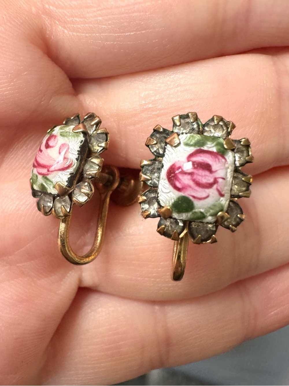 Vintage 1940s Guilloche Enamel Rose Rhinestone Screw Back Earring Set
